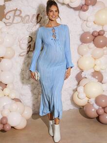 Loomaby Elegant Maternity Solid Color Open Neck Tie Front Flare Sleeve Fitted Sweater Dress,Gender Reveal Dress,Maternity Dress, Baby Shower Dressblue Maternity Dress - Blue - View 7