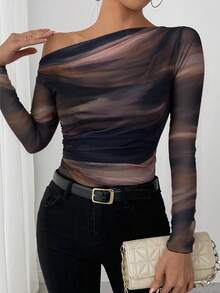 Elenzga 25-30+ Camiseta elegante de mujer de manga larga con volantes en los hombros, estampado de teñido anudado, para otoño informal