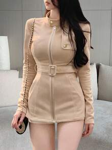 Vibekara Große Größen Herbst/Winter Jacke mit offenem Vorderteil, Metall-Reißverschluss, Gürtel, Slim Fit Taschen, Knopfverschluss, hohe Dehnbarkeit, apricotfarben, eleganter Retro-Lässig-Stil für Frauen