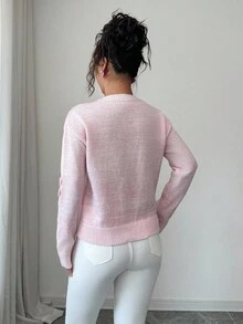 Elenzga 女士手工钩编珍珠装饰休闲甜美套头衫，秋冬 - 粉色 - 查看 2
