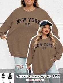 SHEIN CURVE+ 秋冬大码休闲宽松纽约图案圆领长袖女式运动衫 - 棕色 - 查看 1