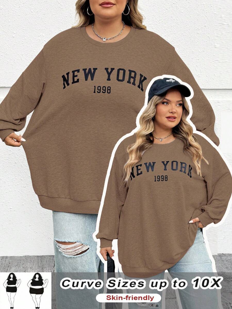 SHEIN CURVE+ 秋冬大码休闲宽松纽约图案圆领长袖女式运动衫 - 棕色 - 查看 1