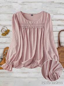 EMERY ROSE Blusa elegante y casual para mujer de talla grande con diseño de lunares sólidos, recortes de encaje y volantes - Rosa vieja - Ver 3