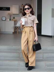 Girls Shirred Waist Bow Front Trousers - Khaki - View 1
