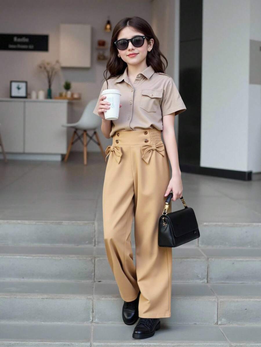 Girls Shirred Waist Bow Front Trousers - Khaki - View 1