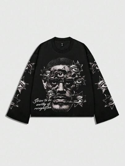 Street Life قميص تي شيرت بأكمام طويلة فضفاض مقصوص بطبعة شخصية رجعية، للخريف، بطراز عام 2000