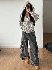 Coolane 女士秋冬外出街头风情侣同款/情侣同款/基础款/外出针织迷彩保暖内衬拉链宽松长袖卫衣 - 彩色 - 查看 4