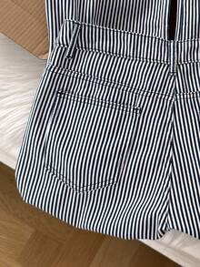 Comfortcana 女士条纹牛仔裤，夏季时尚女士牛仔裤低腰直筒牛仔裤女士牛仔休闲宽松裤蓝色条纹裤女士裤子 - 深色水洗藍 - 查看 5