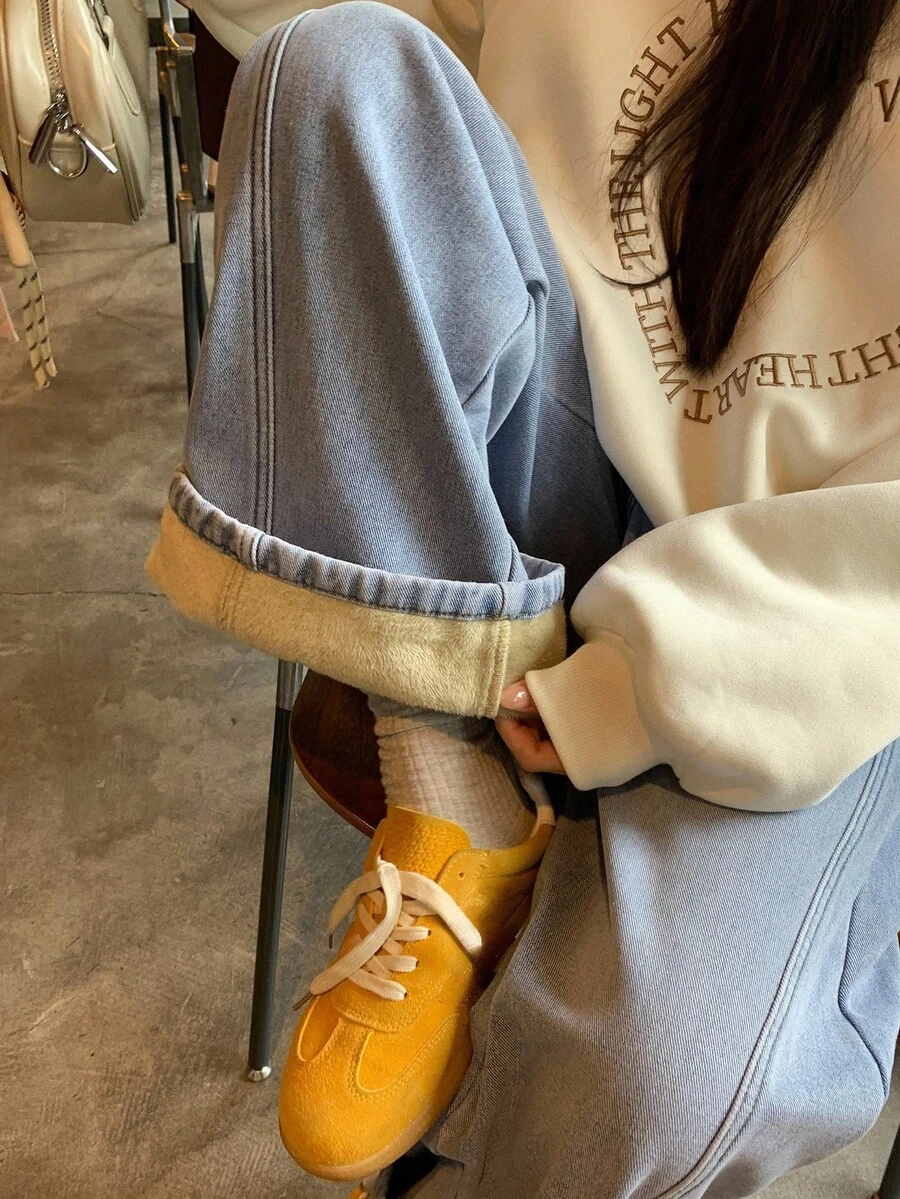 DAZY Women's Korean Style Gradient Thermal-Lined Distressed Denim Jeans, Autumn/Winter Thermal Lined - Blue - View 1