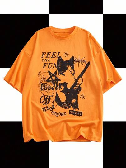 Y2Kool BiGraphic Camiseta casual de mujer con estampado de gato y guitarra, camiseta de verano de anime con gato, camiseta gráfica de gato naranja, camiseta gráfica naranja, camiseta de gato de dibujos animados, top de fiesta, colección de ropa de estilo, nuevos atuendos de Año Nuevo
