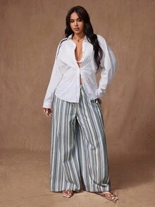 Rustia Fashionable Casual Striped Elastic Waist Wide Leg Pants Fall Cloth For Women - Multicolor - View 6