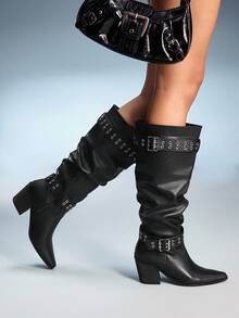CUCCOO GRLICON Damen Plissee Block Absatz Quadratische Zehenkappe Slip-On Stiefel, minimalistisches Design, geeignet für Halloween, Weihnachten, Silvester, Dates, Herbst - Schwarz - Übersicht 4