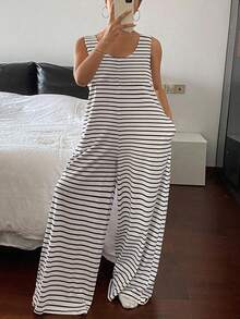 Livesso Striped Sleeveless Loose Comfy Jumpsuit Loungewear Pajama - Black and White - View 6