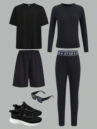 SHEIN Paquete de 4 Conjunto deportivo informal para niño preadolescente con camiseta de cuello redondo, manga larga deportiva ajustada, pantalón largo ajustado y pantalón corto deportivo. Conjunto de alto rendimiento y costo adecuado para atuendos de niños, ropa de niño pequeño, de vuelta al colegio. Adecuado para fiestas de cumpleaños, fiestas de noche, actuaciones, bodas, bautizos, ceremonias de apertura y uso diario.