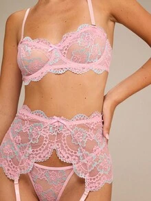 Enchnt 女士性感蕾丝装饰粉色内衣套装 Bridallingerie - 粉色 - 查看 4