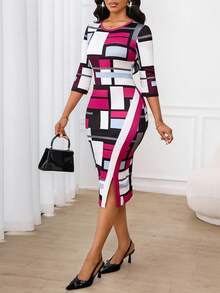 SHEIN Lady Vestido elegante de longitud media con cuello redondo, mangas 3/4, abertura lateral y ajuste ceñido con estampado geométrico para mujer