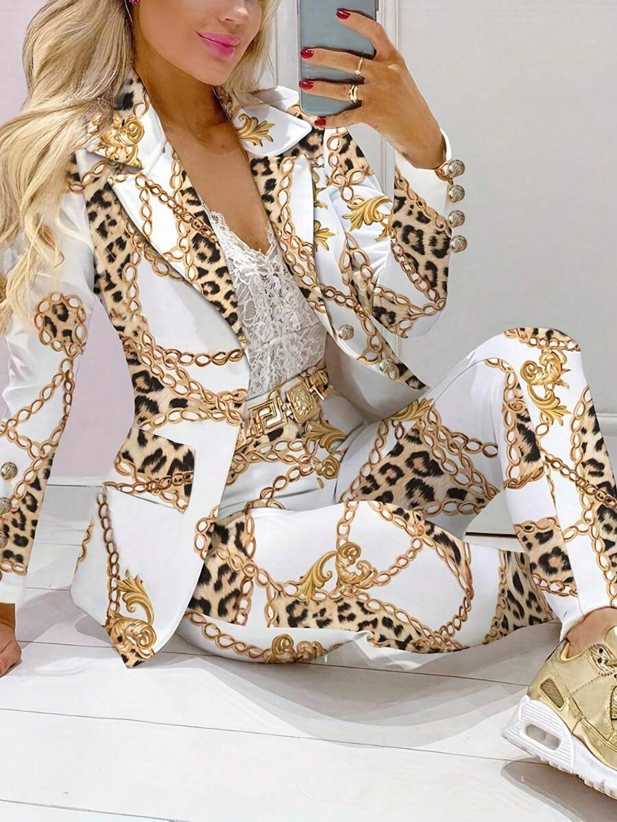 EMERY ROSE Women's Leopard Chain Print Suit Set, Casual Blazer And Pants
