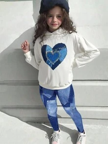 2pcs Girls Knitted Sweatshirt With Digital Heart Print & Elastic Knit Digital Print Pants, Suitable For Autumn/Winter Casual Wear, Home Or Outdoor Fall Clothing,Fall Clothes For Kids,Long Sleeve,Autumn Clothes,Pull Sweatshirt - White - View 1