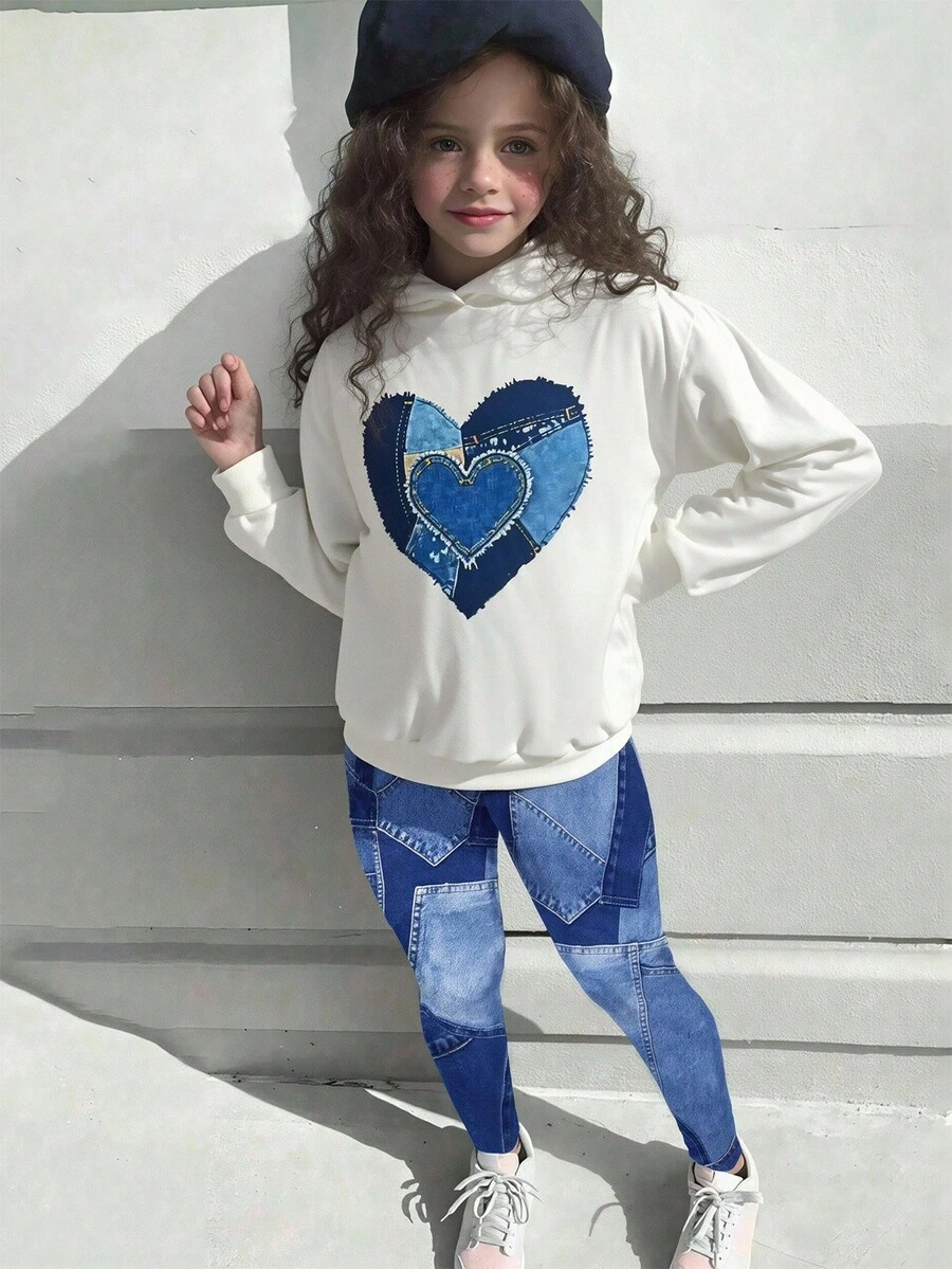2pcs Girls Knitted Sweatshirt With Digital Heart Print & Elastic Knit Digital Print Pants, Suitable For Autumn/Winter Casual Wear, Home Or Outdoor Fall Clothing,Fall Clothes For Kids,Long Sleeve,Autumn Clothes,Pull Sweatshirt - White - View 1