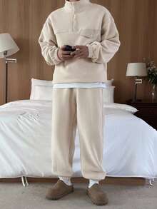 DAZY 男士秋季羊羔绒半拉链套头卫衣和抽绳裤套装 - 米色 - 查看 2