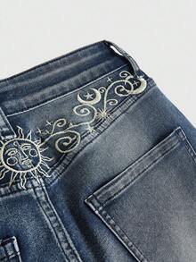 ROMWE Hippie 女式休闲太阳和月亮图案时尚喇叭牛仔裤 - 藍色 - 查看 4