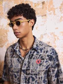 Manfinity VCAY Camisa casual de manga corta con estampado de cuadros tejidos para hombre, verano - Azul - Ver 5
