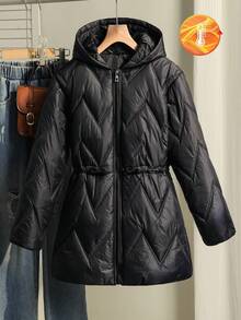 Tween Girls Black Winter Modest Hooded Padded Coat, Loose Fit Drawstring Waist Graphic Pattern Casual Outwear For School, Date, Outdoor, Commute, Fall - Black - View 3