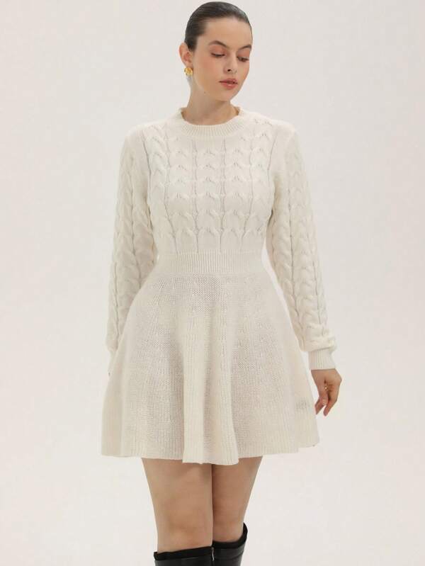 Aveloria Rosie Plus Size Solid Color Round Neck Cable Knit Sweater Dress, Casual For Autumn/Winter