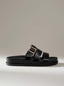 Solecia 2025 Summer New Arrival Women's Fashion H-Shape Black Rivet Platform Soft Bottom Sandals, Closure, Versatile Strap Non-Slip Open Toe Flat Sandals - Black - View 1