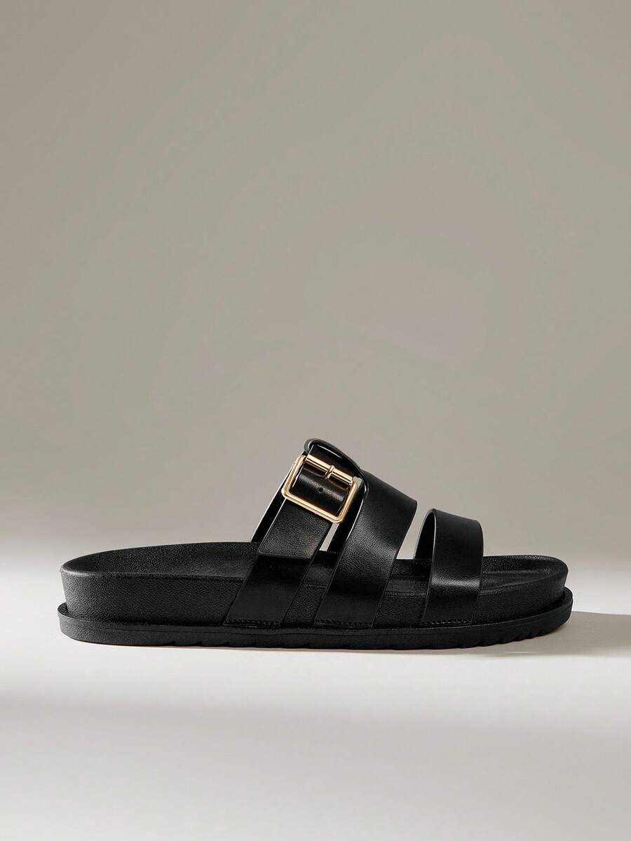 Solecia 2025 Summer New Arrival Women's Fashion H-Shape Black Rivet Platform Soft Bottom Sandals, Closure, Versatile Strap Non-Slip Open Toe Flat Sandals - Black - View 1