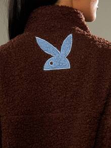 Missguided x Playboy 1953 Half Zip Fleece Sweatshirt Funnel Neck Pullover Vintage Logo Print Oversized Winter Fall Casual - Brown - View 6