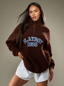 Missguided x Playboy 1953 Half Zip Fleece Sweatshirt Funnel Neck Pullover Vintage Logo Print Oversized Winter Fall Casual - Brown - View 7