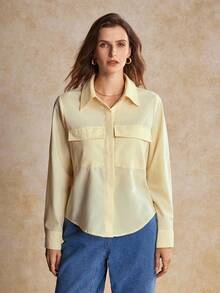 House of One Collared Button-Up Long Sleeves Blouse Top With Pockets Women Casual Autumn