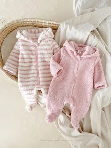 2 件新生儿粉色条纹套装，带可爱蝴蝶结，舒适连体衣，适合室内外穿着，冬季 - 粉色 - 查看 9