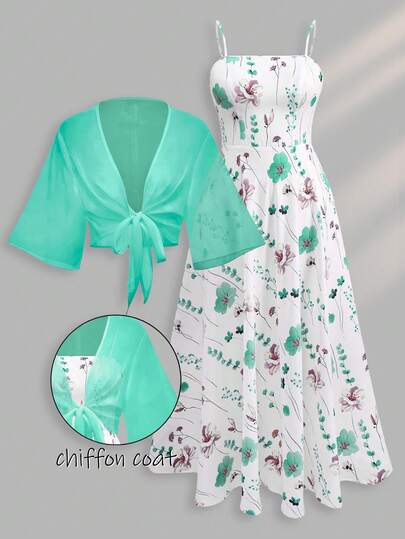 Franclia 大码女式时尚夏季碎花雪纺连衣裙和夹克优雅两件套