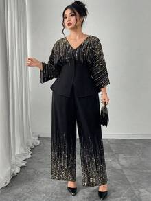 Modelyn Bộ đồ 2 món thanh lịch họa tiết ngôi sao cỡ lớn cho nữ, áo tay cánh dơi cài một hàng khuy đơn và quần ống rộng - Nhiều màu - Xem 6