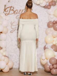 Loomaby Vestido elegante de maternidad de unicolor, con volantes, hombros descubiertos, manga larga y bajo de cola de pez ajustado - Albaricoque - Ver 6