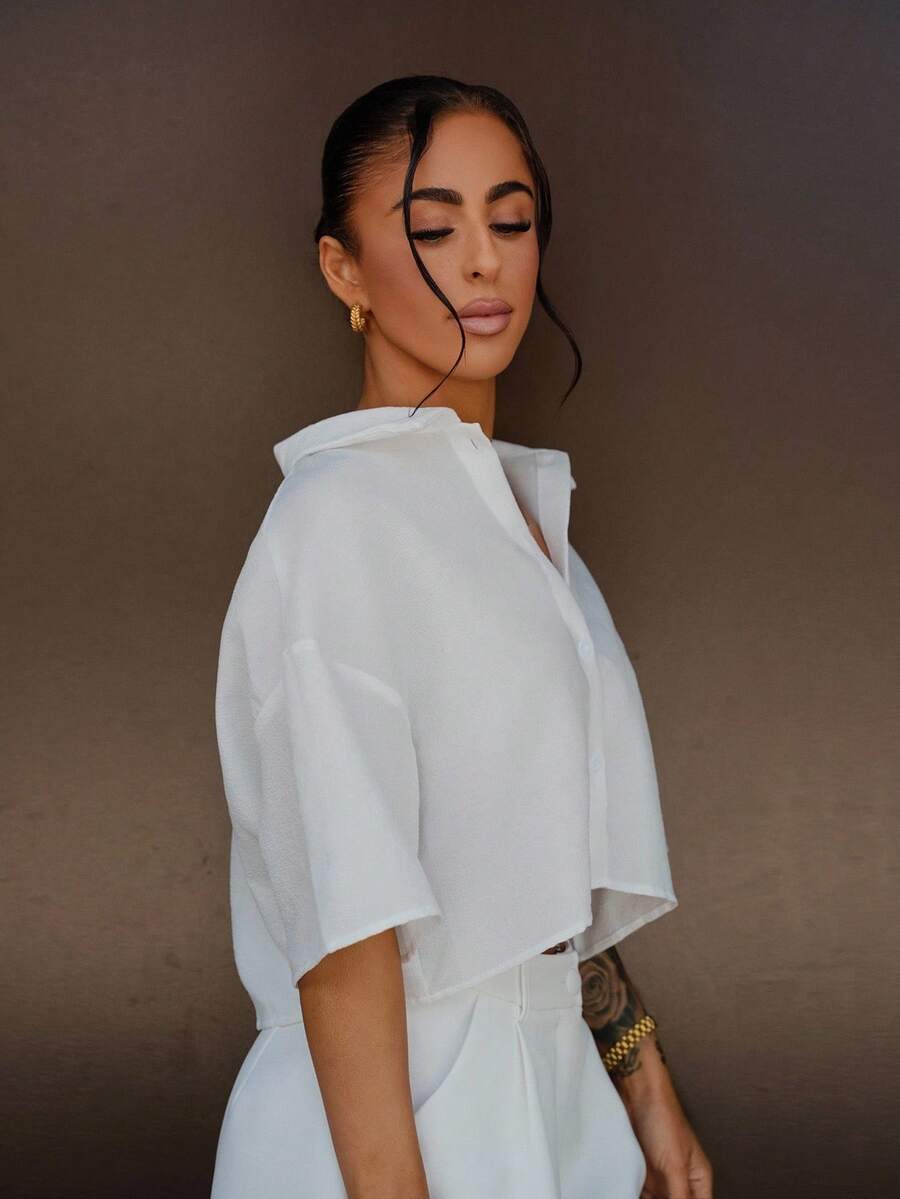 SAYEHFBABY Women Solid Color  Woven Cropped Shirt - White - View 1