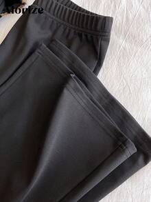 2pcs/Set Teen Girl Off Shoulder Fitted Long Sleeve T-Shirt With Flannel Leopard Print Collar And Elastic Waist Flared Pants, Casual Outfit For Autumn Fall Winter - Black - View 4