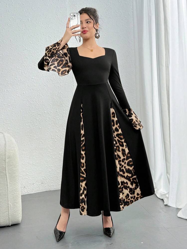 Women's Leopard Print Patchwork Fitted Mid-Length Dress, Spring/Autumn Maxi Dress