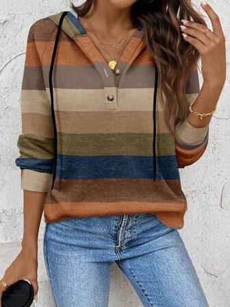 SHEIN LUNE Women's Casual Striped Pattern Hoodie Sweatshirt, Suitable For Autumn/Winter Women Long Sleeve Tops Fall Tops Women Striped Hoodie,