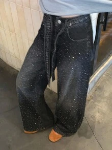 DAZY Women's Korean Style Loose Rhinestone Washed Distressed Casual Jeans - Black - View 8