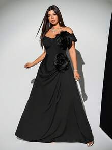 Viva Relle Plus Size Fashionable 3D Floral Fitted Formal Party Dress - Black - View 1