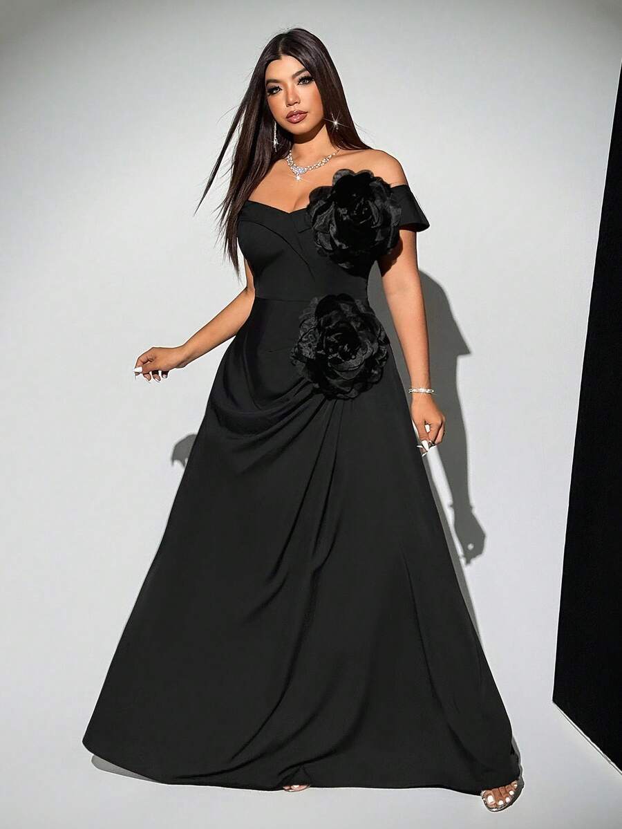 Viva Relle Plus Size Fashionable 3D Floral Fitted Formal Party Dress - Black - View 1