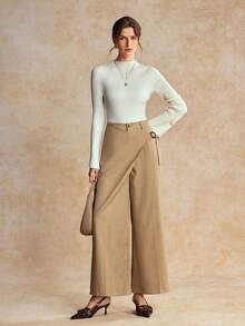 House of One High-Waist Wrap Front Wide Leg Woven Pant Women Casual Spring Autumn