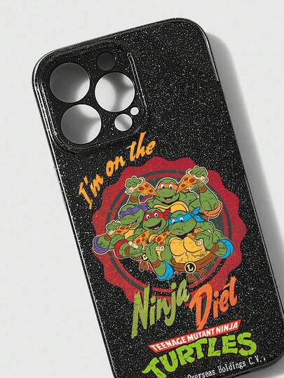 TEENAGE MUTANT NINJA TURTLES X ROMWE 1pc Cartoon Turtle Pattern Black Phone Case, Compatible With Apple 11 12 13 14 15 Pro Max 16