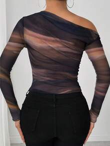 Elenzga 25-30+ Camiseta elegante de mujer de manga larga con volantes en los hombros, estampado de teñido anudado, para otoño informal