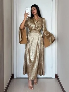 Modelyn Autumn/Winter Woven Gold Foil Shiny Draped Neck Tie-Waist Loose Split Hem Long Sleeve A-Line Dress, Fashionable & Elegant For Outings, Parties, Gatherings
