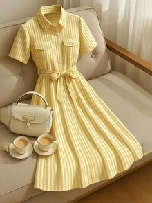 GlowEve Women Vertical Striped Lapel Cardigan Dress, Fashionable & Youthful A-Line Silhouette - Yellow - View 1