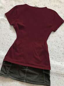 INAWLY 女士休闲纯色短袖修身T恤，夏季 - 酒紅色 - 查看 2